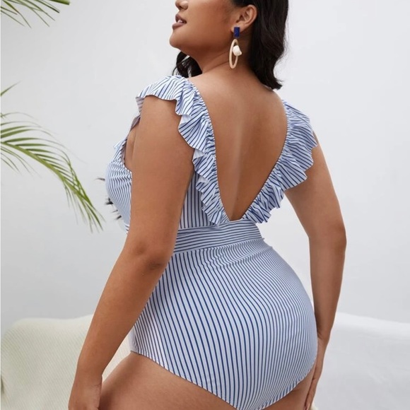 Blue and white Striped Ruffle Trim One Piece Swimsuit - Picture 2 of 6